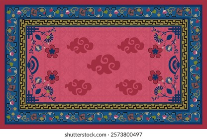Chinese Traditional Oriental Carpet Art featuring intricate floral motifs in blue pink tones. This elegant design reflects cultural heritage, perfect for decor, textiles.