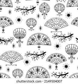 Chinese traditional oriental ornament background, fan pattern seamless. Japanese, Chinese elements. Asian texture for printing on packaging, textiles, paper, fabric, washi paper for scrapbooking