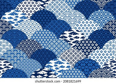 decoración oriental tradicional china con un fondo blanco y azul. Ilustración vectorial. Moda geométrica de onda sin fisuras en el estilo de China. Nubes asiáticas y flores de formas ornamentales modernas