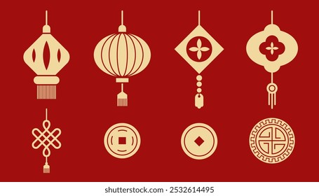Ornamento tradicional chinês, lanterna oriental asiática e moeda. Ano Novo decorações festivas vetor silhueta dourada definido no fundo vermelho