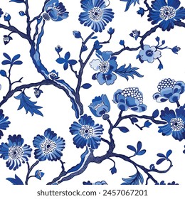 Chinese Traditional Ornament Seamless Pattern. Toile pattern, in elegant blue hues, boasts intricate Chinoiserie floral details. Perfect for print designs, this vector image adds timeless charm