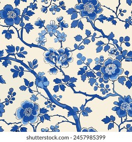 Patrón sin costuras de adorno tradicional chino. Patrón de inodoro, en elegantes tonos azules, cuenta con intrincados detalles florales Chinoiserie. Perfecto para diseños de impresión. Arte vectorial chino 03.