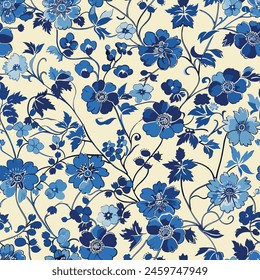 Chinese Traditional Ornament Seamless Pattern, print design, vector Chinoiserie floral pattern, blue. Toile pattern, in elegant blue hues, boasts intricate Chinoiserie floral details. 02