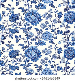 Chinese Traditional Ornament Seamless Pattern. Toile pattern, in elegant blue hues, boasts intricate Chinoiserie floral details. Perfect for print designs, this vector image adds timeless charm. 04