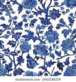 Chinesisches Traditionelles Ornament Nahtloses Muster, Toilettenmuster, Druckdesign, Vektorgrafik Chinoiserie Blumenmuster, Blau