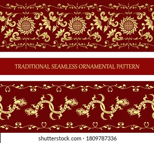 Chinese traditional ornament. Seamless patterns. Ornaments with dragons and flowers. Festive background template. Design element for holiday greeting, invitation, poster and banner. Vector