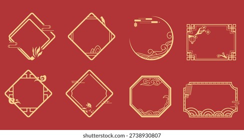 Chinese Traditional Ornamental Frame Vector Set: Gold Frames on Red Background