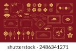 Chinese traditional ornaments frames. Asian decorative borders with lanterns, floral motifs of lotus flower and cherry blossoms. China themed vector elements set. Chinese lunar new year design.