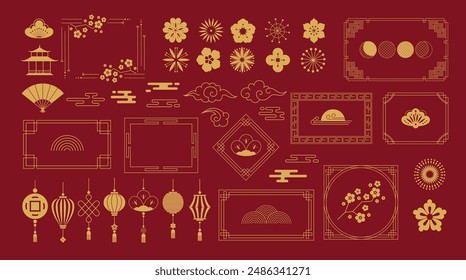 Marcos de adornos tradicionales chinos. Bordes decorativos asiáticos con linternas, motivos florales de flor de loto y cerezos en flor. Conjunto de Elementos de Vector con temática china. Diseño de año nuevo lunar chino.