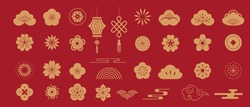 Chinese Traditional Ornaments, Set Of Lunar Year Decorations, Flowers, Lanterns, Clouds, Elements And Icons 