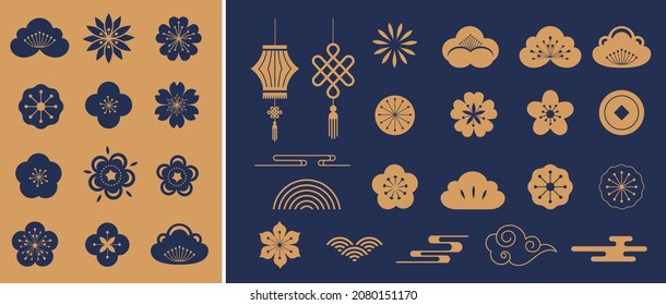 Chinese traditional ornaments, Set of Lunar year decorations, flowers, lanterns, clouds, elements and icons 