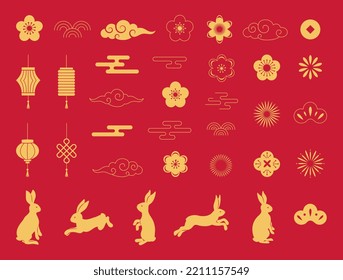 Chinese traditional ornaments, a set of lunar year decorations, rabbits, flowers, lanterns, clouds, elements and icons. Year of Rabbit, Chinese New Year, Mid-Autumn Festival.