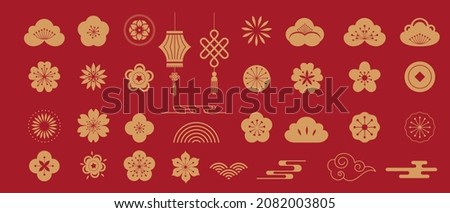 Chinese traditional ornaments, Set of Lunar year decorations, flowers, lanterns, clouds, elements and icons 