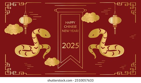 Chinese traditional pattern golden frame with snakes, Chinese gold fan, asian ornaments red background. Greeting vector card template. Lunar New Year 2025