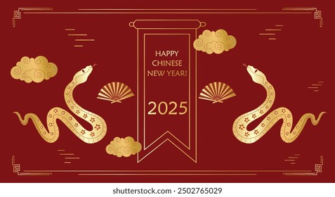Chinese traditional pattern golden round frame with snakes, Chinese gold fan, asian ornaments red background. Greeting vector card template. Lunar New Year 2025