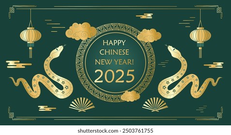 Chinese traditional pattern golden round frame with snakes, Chinese gold fan, asian ornaments and lanterns red background. Greeting vector card template. Lunar New Year