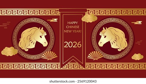 Chinese traditional pattern with horse head, golden frame, Chinese gold fan, clouds, asian ornaments red background. Horizontal greeting vector card template. Lunar New Year 2026