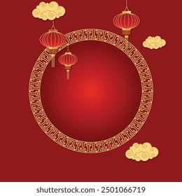 Chinese traditional pattern round frame with clouds, lantern, asian elements on red background. Greeting vector card template. 