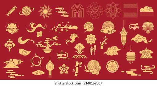 Chinese traditional patterns, flowers, lanterns, clouds, elements and ornaments. Vector decorative jewelry collection in Chinese and Japanese style.