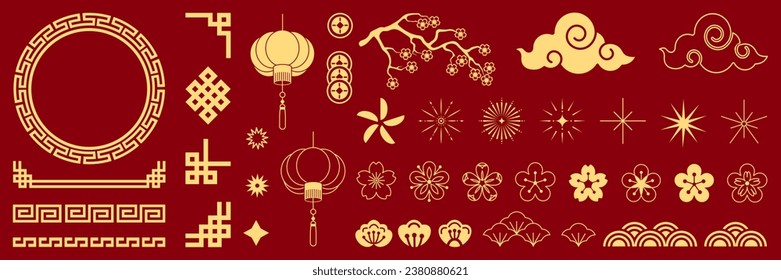 Chinese traditional patterns, flowers, lanterns, clouds, elements and ornaments. Vector decorative jewelry collection in Chinese and Japanese style for card, print, flyers, posters, merch, covers.	
