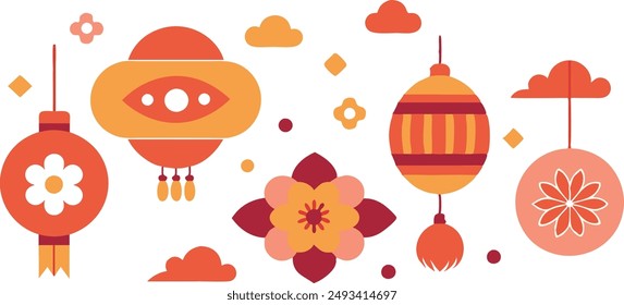 Chinese traditional patterns, flowers, lanterns, clouds, elements and ornaments. Vector decorative jewelry collection in Chinese
