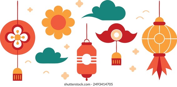 Chinese traditional patterns, flowers, lanterns, clouds, elements and ornaments. Vector decorative jewelry collection in Chinese