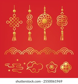 Chinese traditional patterns, flowers, lanterns, clouds, elements and ornaments. Vector decorative jewelry collection in Chinese and Japanese style for card, print, flyers, posters, merch, covers.