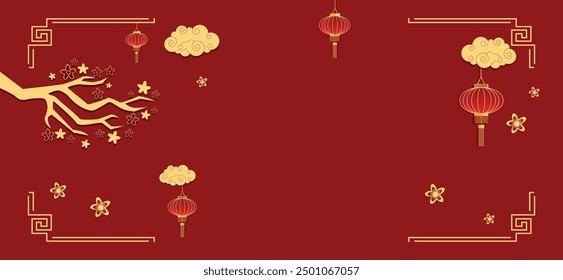 Chinese traditional patterns frame with clouds, flowers, lantern, asian elements on red horizontal background. Greeting vector card template. Lunar New Year 2025