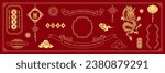 Chinese traditional patterns, frame, lanterns, clouds, elements and ornaments. Vector decorative jewelry collection in Chinese and Japanese style for card, print, flyers, posters, merch, covers.
