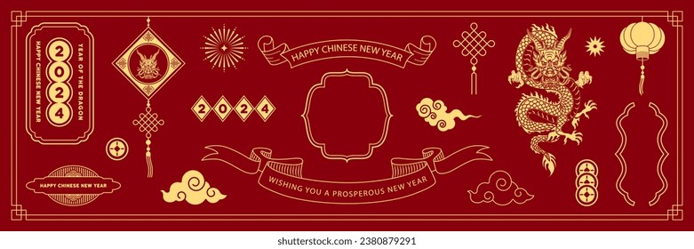 Chinese traditional patterns, frame, lanterns, clouds, elements and ornaments. Vector decorative jewelry collection in Chinese and Japanese style for card, print, flyers, posters, merch, covers.
