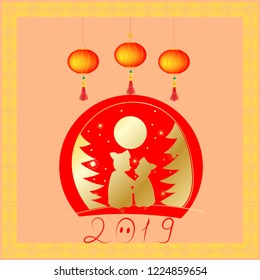 Chinese traditional, piggy, banner, new year,  China, year of the pig, yellow pig, golden, stock vector illustration.