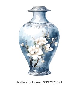 Chinese traditional pot flower vase in watercolor