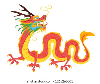 Chinese traditional red dragon character illustration, isolated on white background. 