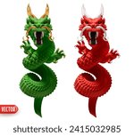 Chinese traditional red and green wood dragon realistic 3d cartoon style. two dragon statue. Vector illustration