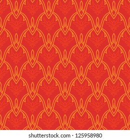 Chinese traditional red holiday ornament with gold lines, seamless vector pattern for new year prints, textile, wallpaper, wrappings