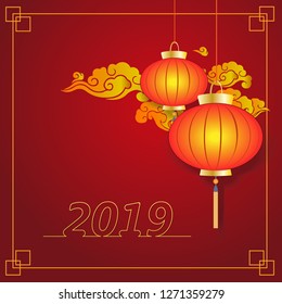 Chinese traditional red lanterns on cloud background isolated on red background, figures 2019, frame .Vector illustration