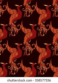 Chinese traditional red phoenix. Feng Shui symbolize fire element. Seamless abstract pattern