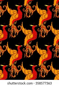 Chinese traditional red phoenix. Feng Shui symbolize fire element. Seamless abstract pattern