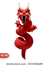 Chinese traditional red wood dragon realistic 3d cartoon style. dragon statue. Vector illustration