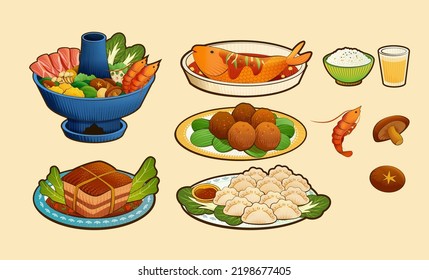 Chinese traditional reunion dinner dishes set. Illustrated hot pot, braised dongpo pork, fish, meatballs, dumplings, rice, beer, shrimp, and shiitake isolated on beige background.