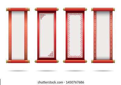 Chinese traditional scrolls festive.  Set of different scrolls with space for text. Template design Chinese new year, calendar, invitation, booklet, traditional festive decoration. Isolation. Vector 