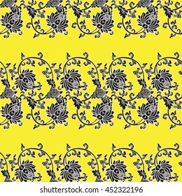 Chinese traditional seamless pattern with flowers on yellow background. Vector design for textile, wallpaper, fabric, packaging, covers and others