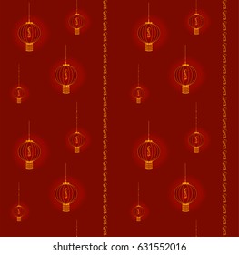 Chinese traditional seamless pattern with red lanterns and golden ornament.