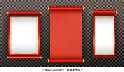 Chinese traditional silk or paper scrolls on transparent background, set of elements for the Chinese holiday and advertising design with copy space. Colored vector illustration