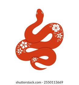 Chinese traditional snake with flowers. Hand drawn vector illustration.