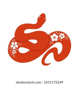 Chinese traditional snake with flowers. Hand drawn vector illustration.