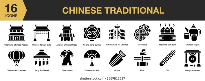 Chinese Traditional solid icon set. Includes chinese, traditional, culture, oriental, celebration, lantern, and More. Solid icons vector collection.