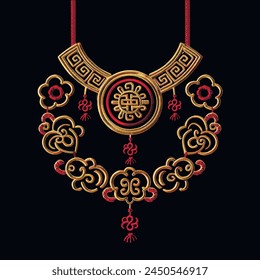 Chinese traditional style embroidery gold red 3d neckline design with braided knots, meanders, mandala and fringes.  Beautiful ornate modern luxury lacy knotting ornaments. Surface grunge 3d texture.