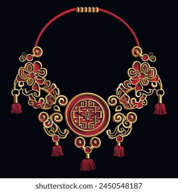 Chinese traditional style embroidery gold red 3d floral neckline design with flowers, meanders, knots, mandala and fringes.  Beautiful modern luxury lacy knotting ornaments. Surface grunge 3d texture.