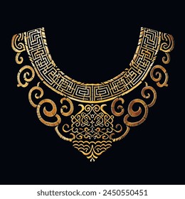 Chinese traditional style embroidery gold floral 3d neckline design with swirls, meanders, waves, stitching lines. Beautiful ornate modern luxury isolated lacy needle ornaments. Surface 3d texture.